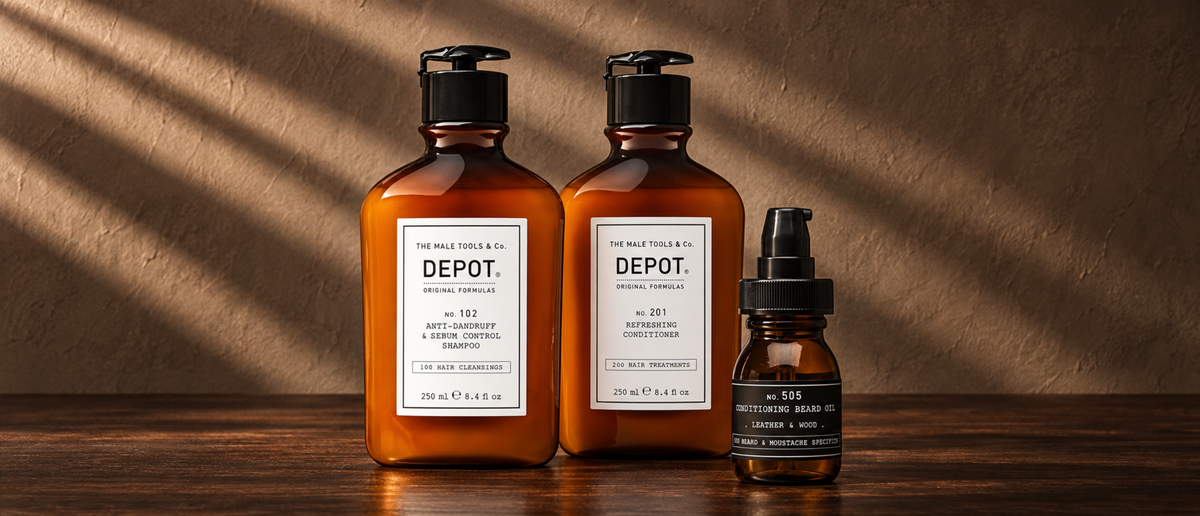 Depot haircare products in a luxury studio arrangement.