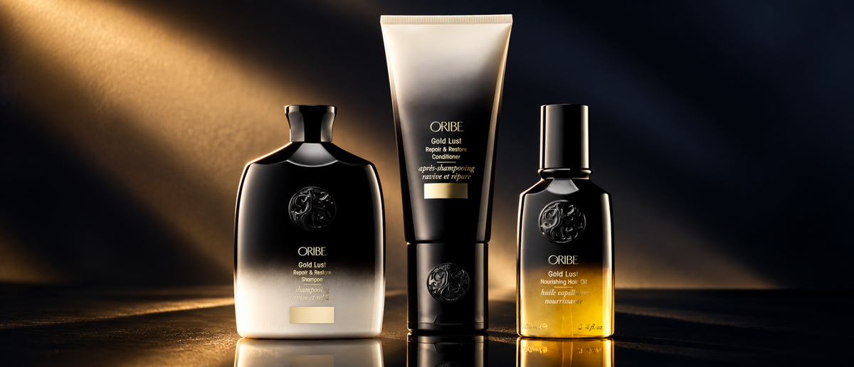 Oribe haircare products in a luxury studio arrangement.