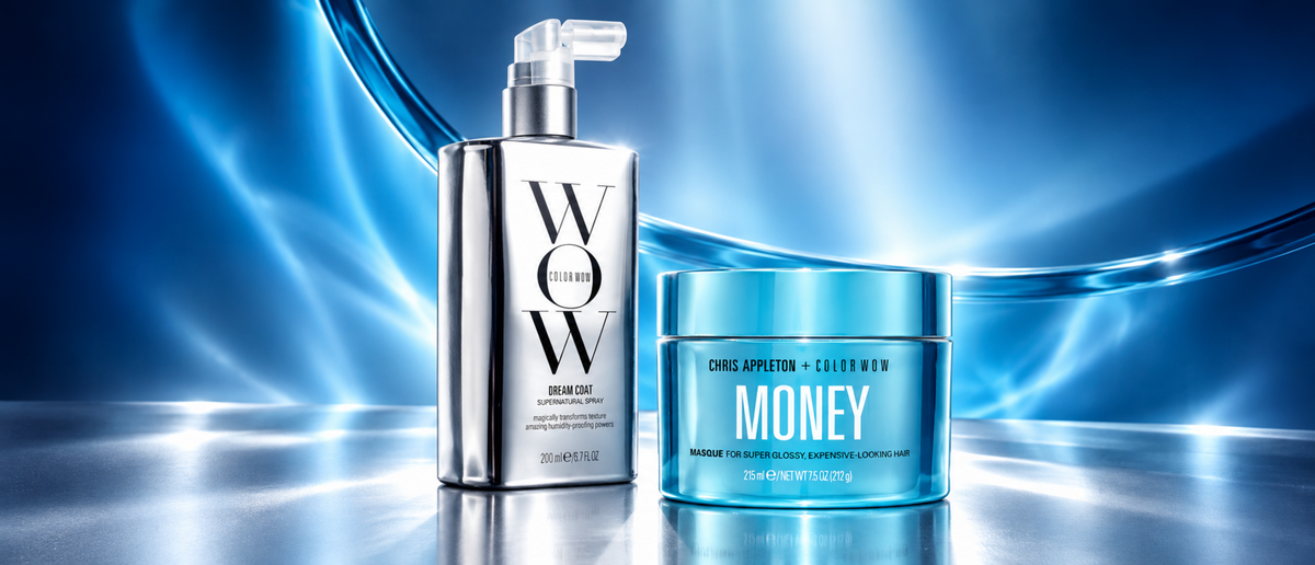 Color WOW haircare products in a luxury studio arrangement.