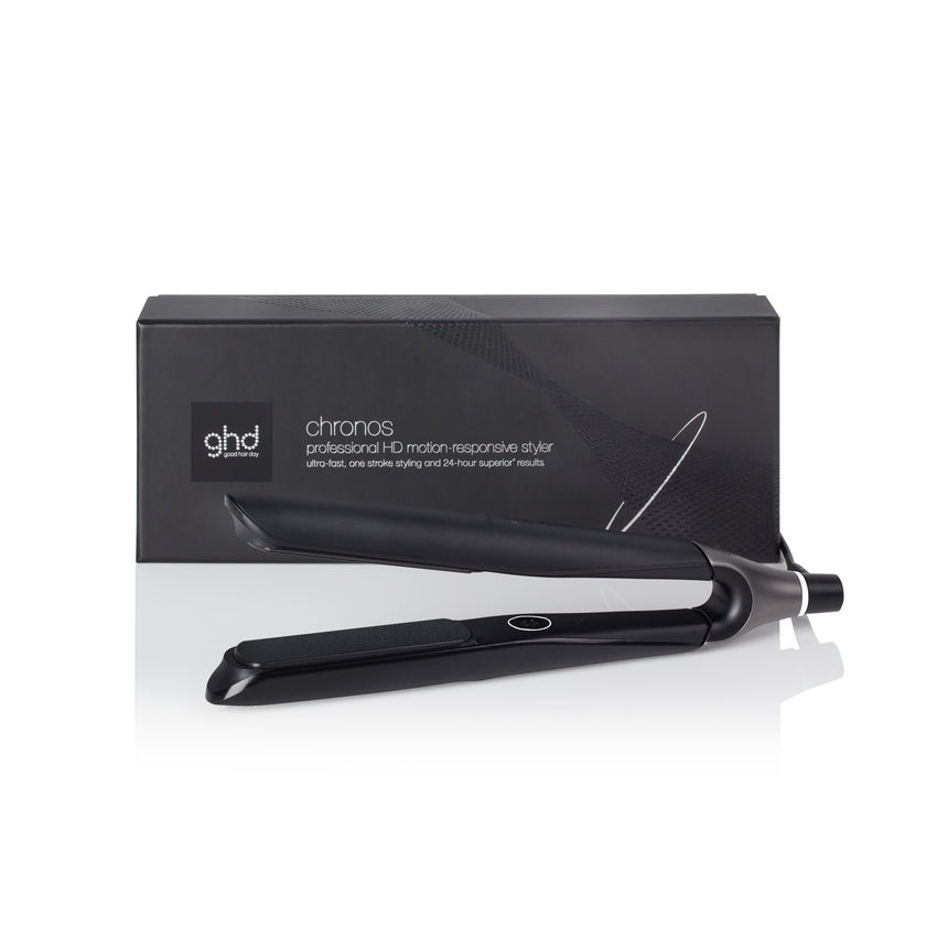 GHD Chronos styler black with packaging on white background