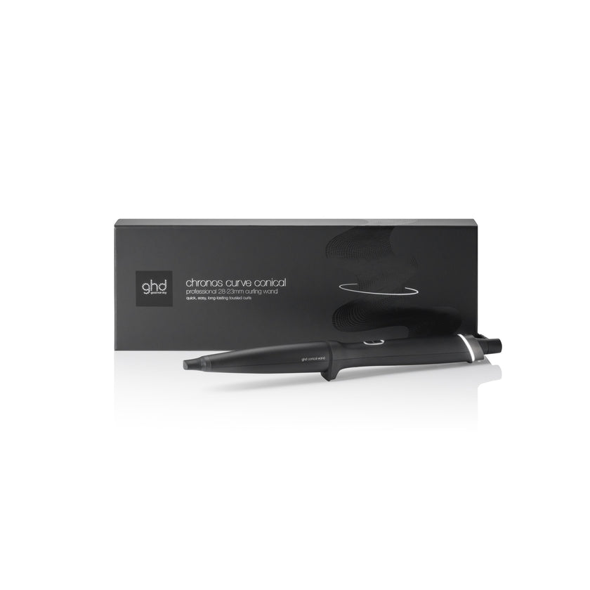 GHD Chronos Curve Conical Wand with packaging on white background