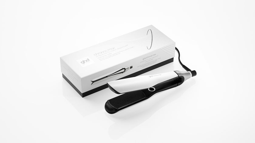 GHD Chronos Max styler white with packaging on white background