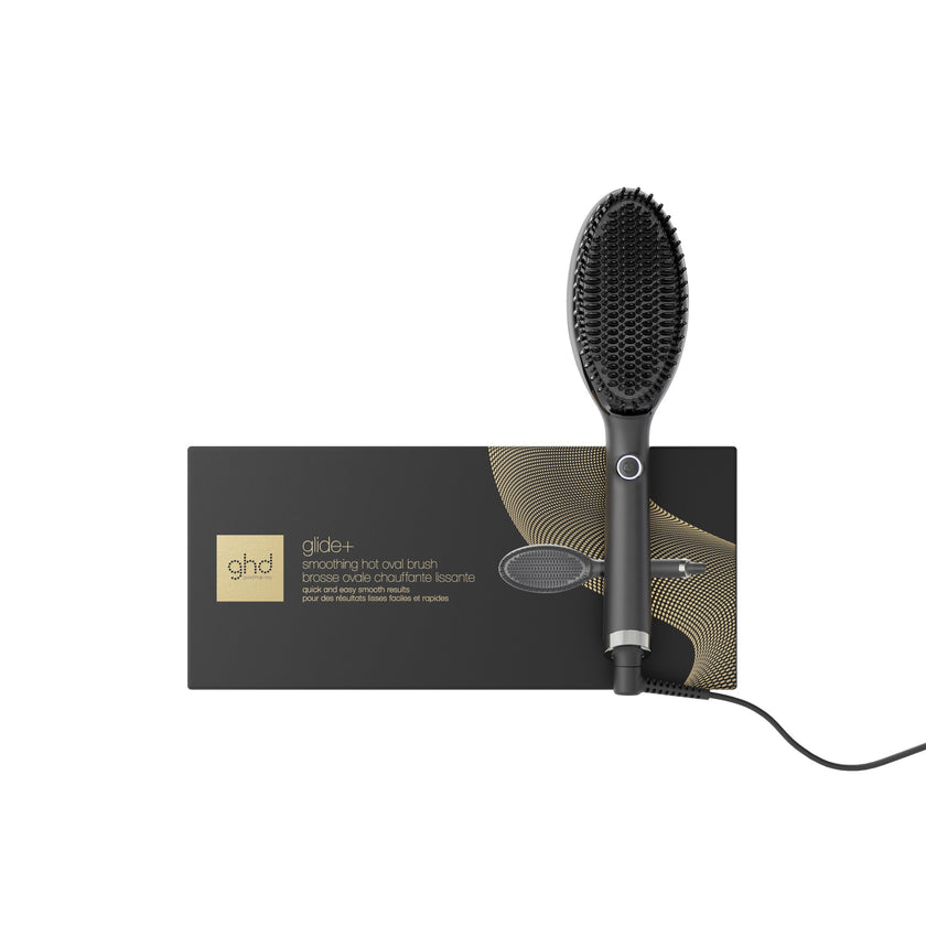 GHD Glide+ hot brush with packaging on white background