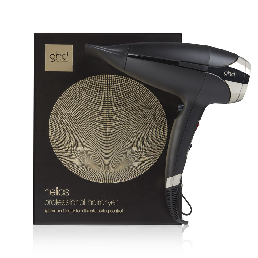 GHD Helios hair dryer black with packaging on white background