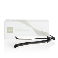 GHD Platinum+ Styler white with packaging on white background