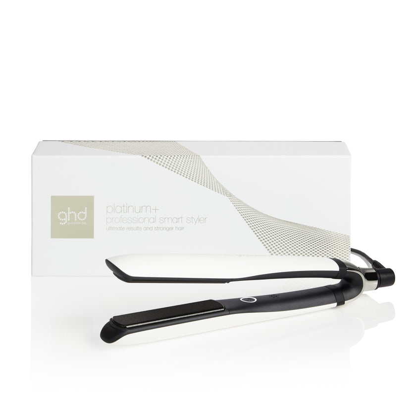 GHD Platinum+ Styler white with packaging on white background