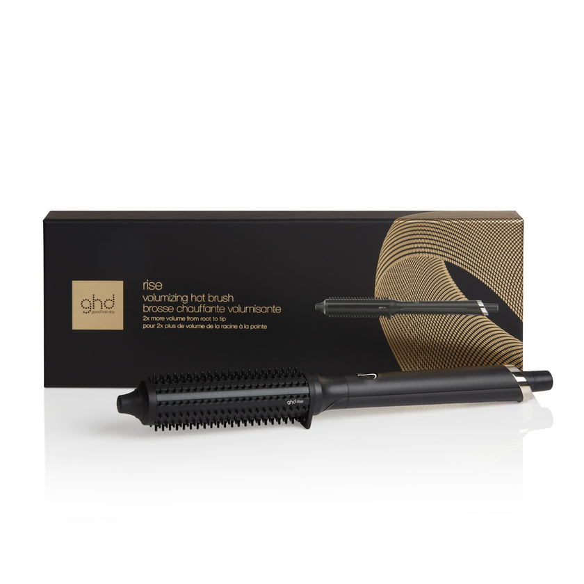 GHD Rise Volumising Hot Brush with packaging on white background